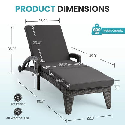 Patio Chaise Lounge Set of 2, Wicker Lounge Chairs Outdoor with Wheels, Wicker Chaise Lounges with Armrests All Weather, Solid Grey - color: Solid Grey, size: 2 pack