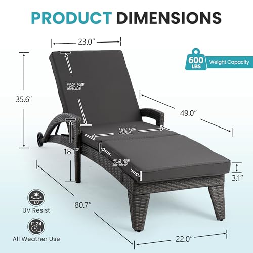 Patio Chaise Lounge Set of 6, Wicker Lounge Chairs Outdoor with Wheels, Heavy Duty Lounger Chair Outdoor, Wicker Chaise Lounges with Armrests All Weather, Solid Grey - color: Solid Grey, size: 6 pack