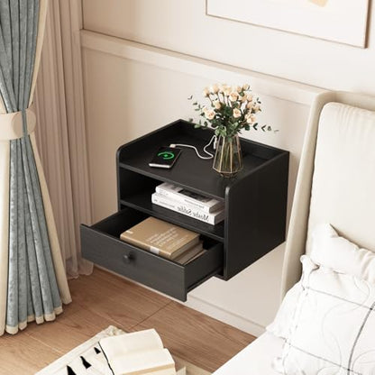 Floating Nightstand Set of 2 Modern Night Stands with Drawer and Open Shelf | Cubby Small Bedside End Table with Charging Station Wall Mounted Nightstands Set 2 for Bedroom Black - color: Black