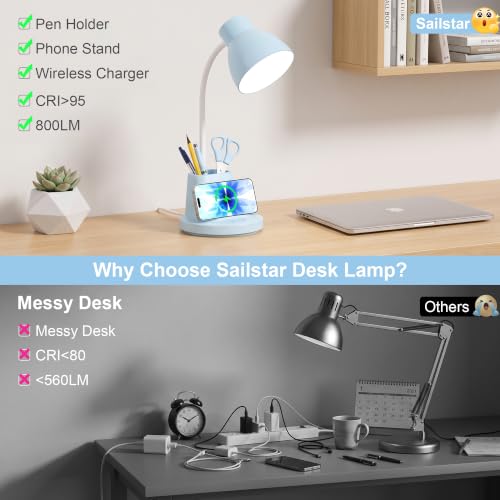 10W Wireless Charging LED Desk Lamp with Pen Holder, CRI 95, Blue | 800LM, 3 Modes, 360°Flexible Arm, Touch, Brightness, Table Lamp for Home Office, Dorm, Bedside, Study, Reading, with Adapter - color: Blue