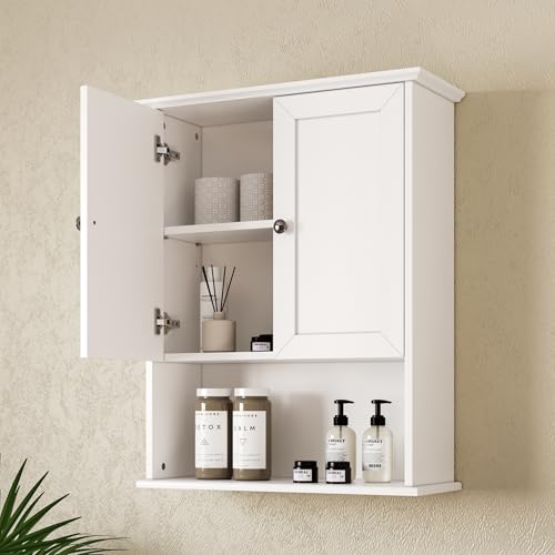 Medicine Cabinet, Over The Toilet Storage Cabinet, 24x30 Inch Wall Mount Bathroom Storage Cabinet with 2 Doors & Adjustable Shelf, Wooden Bathroom Wall Cabinet, White - color: White&silver