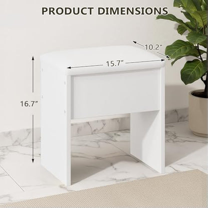 LIVELYGLOW Small Makeup Vanity Stool,15.7" W x 10.2" D x 16.7" H，White（Easy Assembly,PU Cushion Mat, Footstool） - color: Pure White