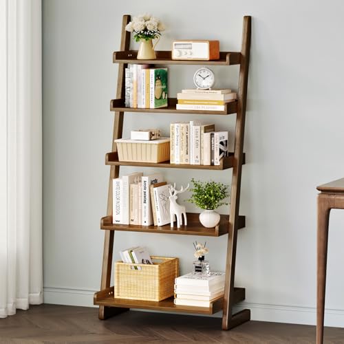 CozyDH Wooden Ladder Shelf, Walnut Bookshelf 5-Tier for Saving Space,Ladder Bookshelf Storage for Living Room, Bedroom, Home Office,23.6''Dx15.7''Wx55.1''H - color: Walnut
