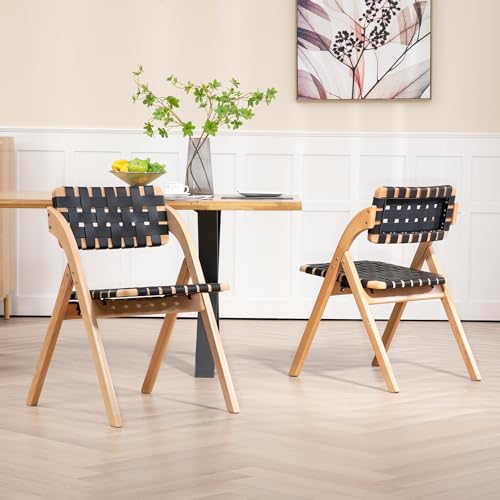 Folding Dining Chairs Set of 2 | Wooden Foldable Chair with Leather-Woven Backrest and Widened Seat Extra for Guests Kitchen Office Wedding Picnic Black - color: Black With Leather Strap, size: 2PCS