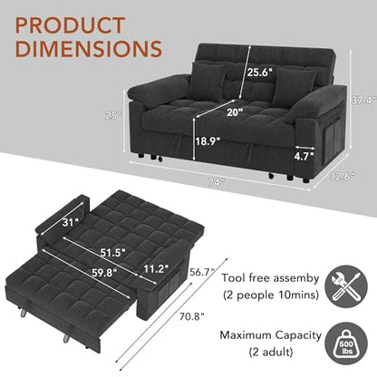 Vipbear Sleeper Sofa Bed, 70" Pull Out Futon Couch with Small Table| USB Port | Side Pockets | Tool-Free Assembly | Adjustable Backrest for Apartment, Office, Guest Room, Chenille Black - color: Black