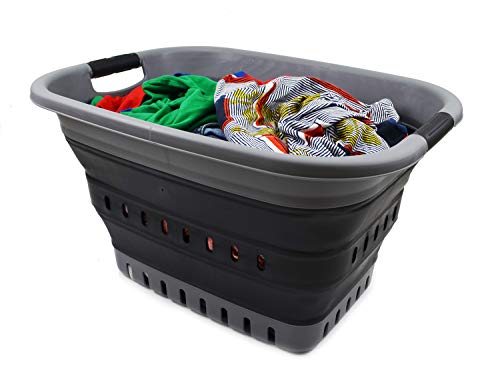 SAMMART 37L (9.77 gallon) Collapsible Plastic Laundry Basket - Foldable Pop Up Storage Container/Organizer - Space Saving Hamper/Basket (1, Grey/Black) - color: Grey/Black