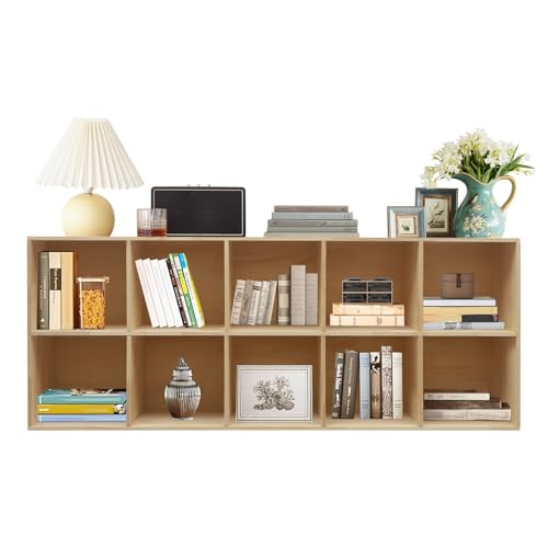 10-Compartment Solid Wood Bookcase, 2 Tier Wooden Cube Shelf Bookcase Floor Standing Bookshelf, Storage Cubes Organizer Storage Cabinet for Living Rooms, Bedrooms, Study Rooms - size: 10-Compartment