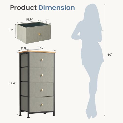 DUMOS Nightstand with 4 Drawers, Bedside Table with Removable Fabric Bins, Sturdy Steel Frame Wood Top Organizer Furniture for Bedroom Closet Living Room, Ink Green - color: Ink Green, size: 11.8"D x 17.7"W x 37.4"H (4 Drawers)