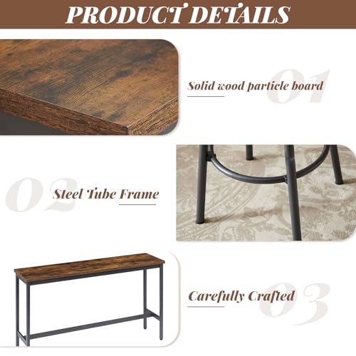 63” Long Bar Table Set for 3, Counter Height Industrial Pub Table with 3 PU Upholstered Bar Stools, Space-Saving Kitchen Breakfast Table and Chairs for Small Spaces, Rustic Brown and Black - color: Rustic Brown, style: Long bar table with stools/bar table