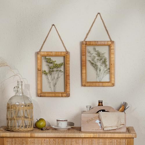 NIKKY HOME Rattan Framed Botanical Wall Art Set of 2 Natural Dried Flowers Grass Plant Artwork with Clear Glass Display Frame and Jute Rope Gallery Wall Decor Living Room Decor