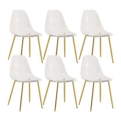 Baysitone Clear Dining Chairs Set of 6, Modern Kitchen Chairs with Transparent Seat, Acrylic Accent Side Chairs with Golden Plating Metal Legs for Dining Room, Kitchen, Living Room - color: Golden, size: Set of 6