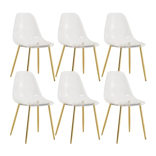 Baysitone Clear Dining Chairs Set of 6, Modern Kitchen Chairs with Transparent Seat, Acrylic Accent Side Chairs with Golden Plating Metal Legs for Dining Room, Kitchen, Living Room - color: Golden, size: Set of 6