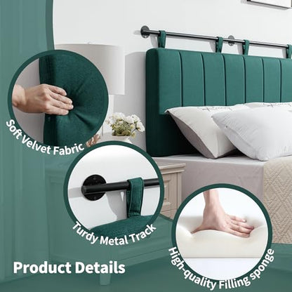 Queen Headboard Only, Wall Mounted Hanging Upholstered Bed Head Board | Modern Vertical Channel Design of Fine Linen, Elegant Dark Green Fluted Headboard for Bedroom (Dark Green, Queen Size ) - color: Linen/Green, size: Queen