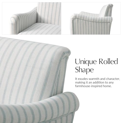 HULALA HOME Farmhouse Curved Couch with Stripe Pattern, 3 Seater Sofa, Blue | with Solid Wood Spindle Legs and Rolled Wide Armrests, Comfy Upholstered Sofa for Living Room Bedroom - color: Blue, size: 3-Seater Sofa
