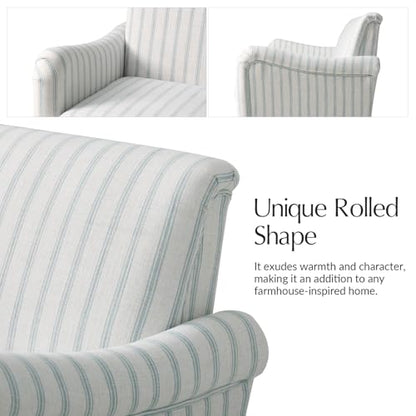 HULALA HOME Farmhouse Curved Couch with Stripe Pattern, 3 Seater Sofa, Blue | with Solid Wood Spindle Legs and Rolled Wide Armrests, Comfy Upholstered Sofa for Living Room Bedroom - color: Blue, size: 3-Seater Sofa