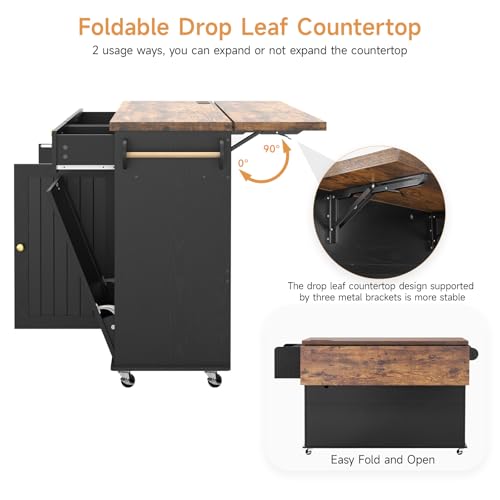 60" Kitchen Island with Power Outlet & Drop Leaf, Rolling Island with Spice Rack & Towel Rack, Kitchen Island Cart with Trash Storage Cabinet, Island Table for Kitchen, Black+Rustic Brown - color: Black+rustic Brown