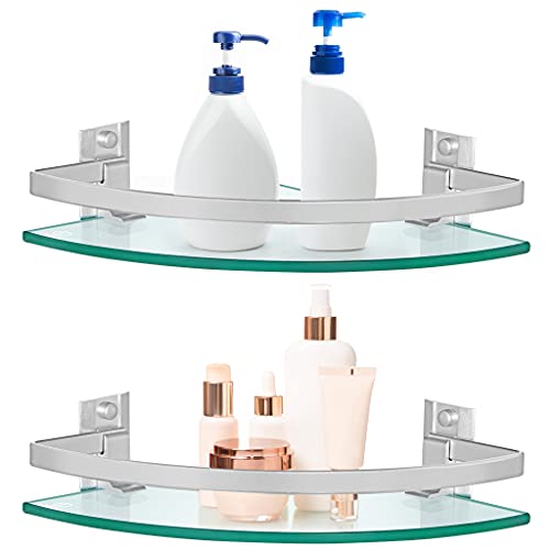 2 Pcs Tempered Glass Corner Shelf with Rail & Brackets, 9.5" x 9.5" Floating Shower Caddy, Wall Mounted Shampoo Holder Organizer for Bathroom, Kitchen, Living Room