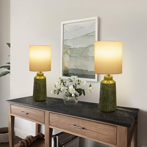 17.75" Green Ceramic Table Lamp Set of 2, Modern Leaf Relief Nightstand Lamps with White Shade, Rustic Green Lamps for Bedroom, Living Room, Side Table & Office