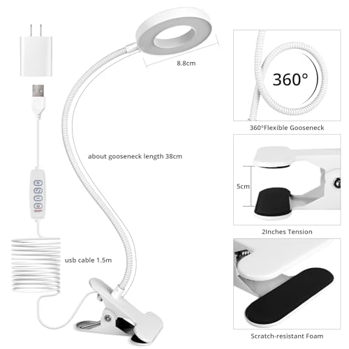 Woputne Desk Lamp Clip on Desk Reading Lights for Books in Bed (White) | With 5V 2A Adapter, 10 Dimmable Brightness 3 Modes, Clip on Light for Reading Home Office,Bed Headboard, Craft - size: White-1 Piece-Standard-With Adapter