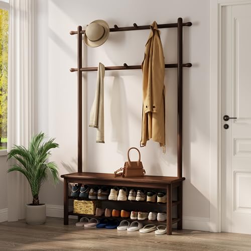 AQIMUELE Hall Tree, Coat Rack with Shoe Storage, Wooden Hall Tree with Bench, 11 Hooks and 2-Tier Storage Shelves, Entryway Bench with Coat Rack (39.3" - Deep Walnut) - color: Deep Walnut, size: 39.3"