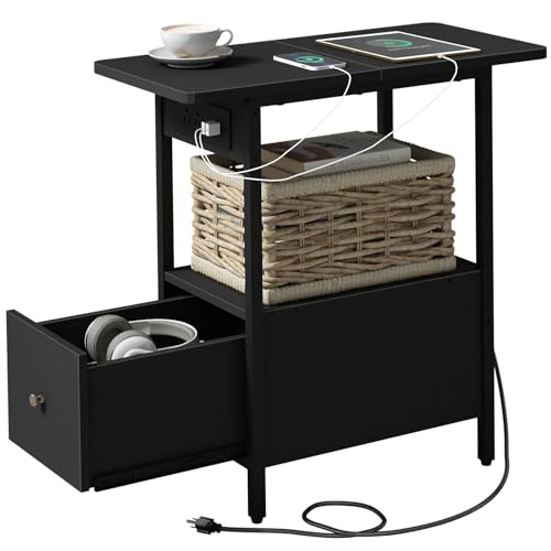 LIDYUK End Table with Charging Station, Narrow Side Table with Drawer | Equipped with USB Ports & Power Outlets, Nightstand Bedside Tables for Small Spaces, Bedroom, Living Room, Black - color: Black, size: Pack of 1
