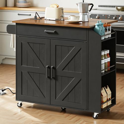 HOOBRO Kitchen Island with Drop Leaf Countertop & Power Outlet, Rolling Island Cart on Wheels, Kitchen Cart with Drawer & Spice Rack, Mobile Island Table for Kitchen, Black BF86UZD01 - color: Rustic Brown + Black