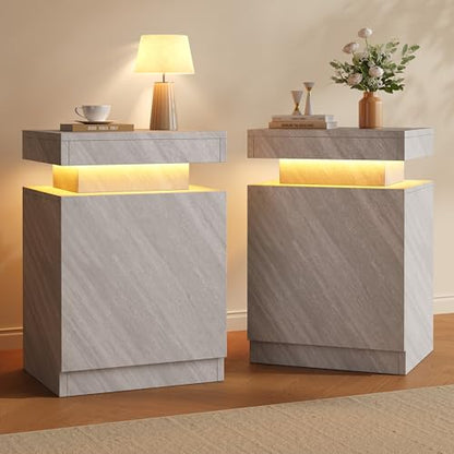 Nightstands Set 2, 17 Inches Modern Bedside Table with LED Lights, LED Night Stand Set of 2, High Gloss Surface, End Table with Storage for Bedroom, Grey - color: Grey-17"