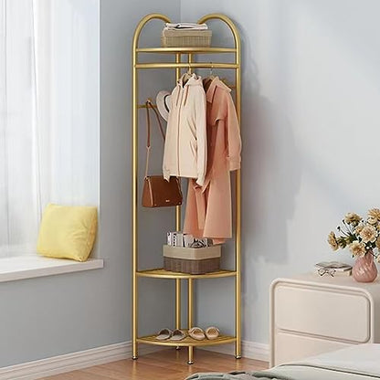 Metal Corner Coat Racks, Gold Clothing Racks Hall Tree, Freestanding Garment Rack with Hooks and Storage Shelf for Hallway, Entryway, Bedroom, Living Room, Office(Gold)