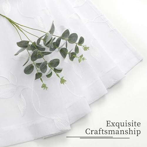 Tollpiz White Leaf Sheer Tier Curtain Kitchen 30 x 36 Inches | Leaves Embroidered Curtains Rod Pocket Voile Bathroom Window Treatment for Cafe, Set of 2 Panels - color: White, size: 30"W x 36"L (Pack of 2)