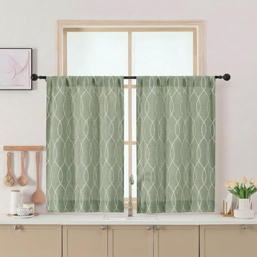 Chyhomenyc Short Kitchen Curtains 36 Inch Length - Light Filtering Faux Linen Living Room Half Window Curtains, Boho 3D Wave Line Curtain for Bathroom Cabinet, 26Wx36L, 2 Pieces, Green - color: Green, size: 26"W x 36"L (Pack of 2)