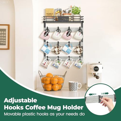 EsLuker.ly Coffee Mug Holder Cup Hanger Wall Mounted Display Rack | Metal Organizer with 12 Movable Plastic Hooks, Wood Rustic Shelf for Coffee Bar Home Kitchen, Thoughtful Wall Storage, Grey - style: 12 Movable Hooks Light Grey Style