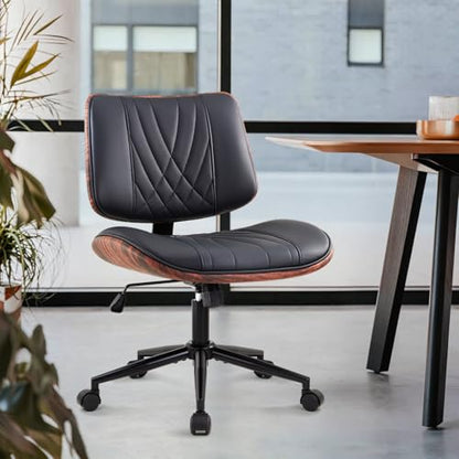 IWMH Armless Desk Chair Home Office Chair with Wheels Walnut PU Retro Chair | Ergonomic Swivel Computer Chair no Arms Mid-Century Adjustable Height Rolling Task Chair for Study Work Small Space Black