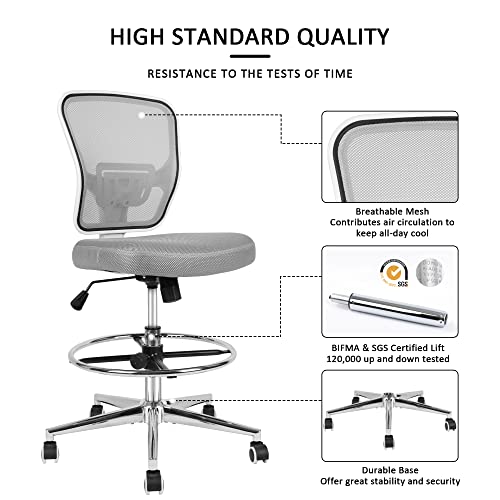 Drafting Chair, Tall Office Chair for Standing Desk, Drafting Stool with Lumbar Support, Adjustable Height and Foot Ring, Grey - color: Grey