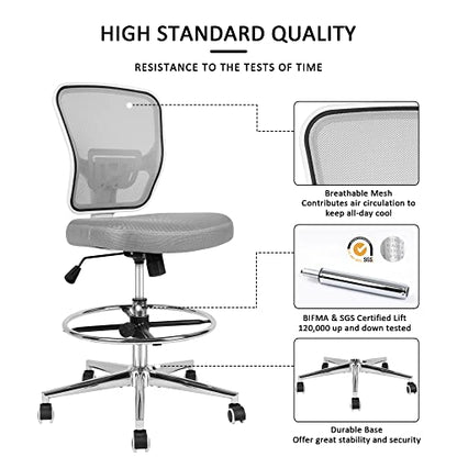 Drafting Chair, Tall Office Chair for Standing Desk, Drafting Stool with Lumbar Support, Adjustable Height and Foot Ring, Grey - color: Grey