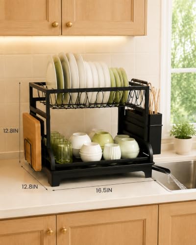 2-Tier Foldable Dish Drying Rack with Drainboard, Stainless Steel Large Capacity Kitchen Counter Organizer with Cup Holder, Utensil & Cutting Board Storage, No Assembly Required, Black