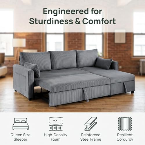 Sleeper Sofa Bed with Adjustable Backrest & Side Pockets, Gray | Adjustable Backrest & Side Pockets,Pull Out Sofa,Comfortable Fabric - color: C-gray-nr
