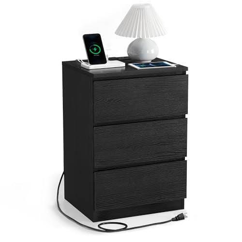 VASAGLE Nightstand with Charging Station, 3 Drawers | Bedside Table, 2 AC Outlets, 2 USB Ports, 15.8 x 13.8 x 23.2 Inches, Ebony Black, KAILYN Collection ULET631B58 - color: Ebony Black, size: 1 PACK, style: 3 Drawer