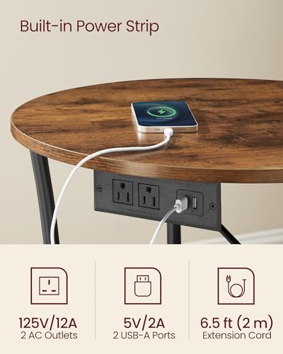 VASAGLE 21.7-Inch Round Side Table, 2-Tier End Table | Nightstand with Steel Frame, Spacious Top, for Small Spaces, Living Room, Bedroom, Rustic Brown and Ink Black ULET077K01 - color: Rustic Brown + Ink Black, style: With Power Strip