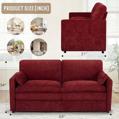69" Chenille 2 Seats Sofa with 2 Pillows, Red | Modern Upholstered Sofa with Deeper Seats, Comfy Sofa with Thickened Cushions for Living Room, Apartment - color: Red, size: Loveseat