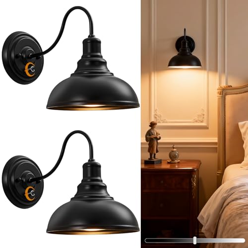 Lightess Wall Sconce with Switch Dimmable Wall Mounted Bedside Lamps 2 Pack | Industrial Farmhouse Gooseneck Dimmer Switch Matte Black Wall Mounted Lights For Bedroom Bedside Decor Set of 2 - color: 2 Pack-Black Switch