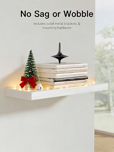 Amada Paulownia Wood Floating Shelves for Wall, Set of 4, White | Wall Shelves with Solid Metal Concealed Brackets, 22 lbs Capacity per Shelf, Includes Drilling Template, Flexible 4-Piece Set - color: White, size: 4