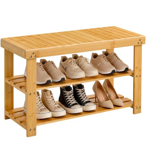 Amada 3 Tier Bamboo Shoe Rack Bench for Entryway, Living Room, Natural | 100% natural bamboo, 220 lbs weight capacity, thicker panels, triple screws for enhanced stability, holds 6 pairs - color: Bamboo