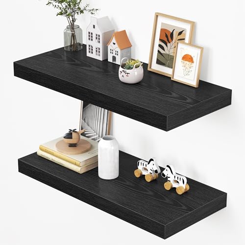 Dreamland 32" Floating Shelves for Wall, 12" Deep Thicker Black Floating Shelves, Wall-Mounted Shelves for Bedroom, Living Room, Kitchen, Bathroom - Set of 2 - color: Black, size: 32"W x 12"D x 2"H, Set of 2