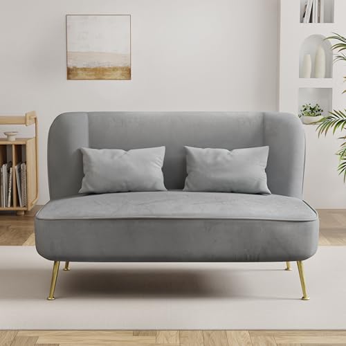 DONICK Velvet Loveseat Sofa Modern Upholstered Armless 2-Seater Sofa with 2 Lumbar Pillows,Gold Metal Legs for Small Accent Couch for Compact Living Room Bedroom Office Apartment(Grey, Loveseat)