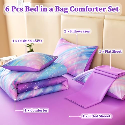 Full Size Bedding Set for Girls, Glitter Rainbow Comforter Set Full, 6 pcs Bed in A Bag Full Size Comforter Sets for Girls Kids, Galaxy Purple Bedding Sets with Sheets - color: Purple, size: Full-6pcs