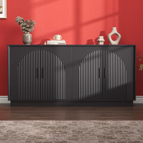 Buffet Cabinet with Storage, 65" W Fluted Sideboard Buffet Cabinet with Adjustable Shelves, Single-Box Modern Wood Credenza Accent Storage Cabinet for Dining Room Living Room Hallway, Black - color: Black, size: 65'' WIDE