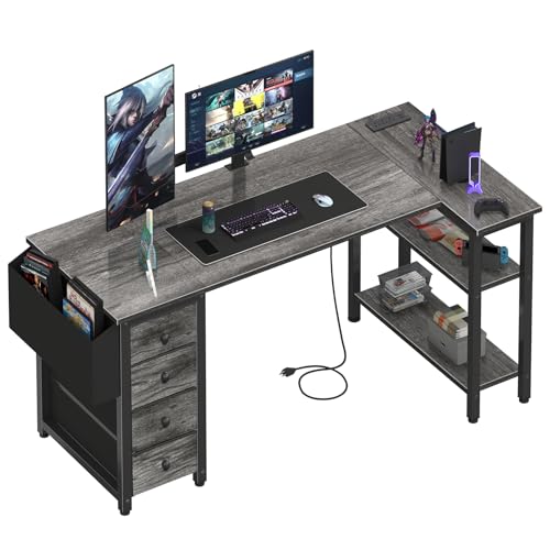 Lufeiya L Shaped Gaming Desk with Drawers & Storage Shelves, 55 Inch Corner Computer Desk with Power Outlet for Home Office Bedroom, L-Shaped Teen PC Desks with Fabric Drawer, Gray - color: Grey, size: 55.1"