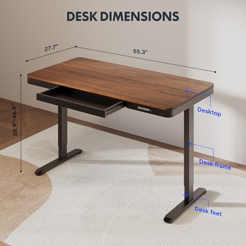 FLEXISPOT Comhar 55" Electric Standing Desk with Storage, Built-in Drawer & USB Charging Ports, Height Adjustable Sit Stand Computer Desk, Quick Assembly, Child Lock, Walnut - size: 55"Dark Walnut/Black