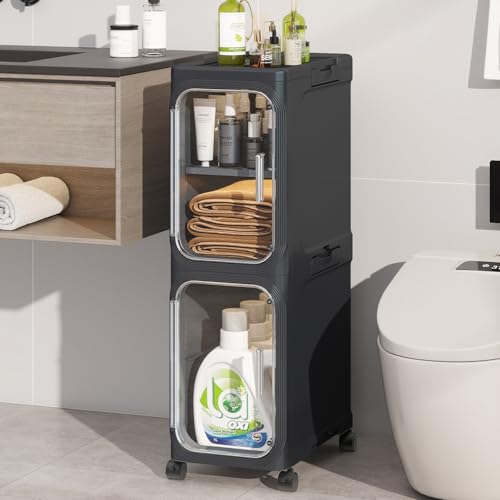 2 Tier Slim Bathroom Storage Cabinet, Foldable and Movable, Black | Tools Free, ABS and PET, Magnetic Clear Door, Adjustable Shelves, Lockable Wheels, Water Resistant, For Narrow Space - color: Black, size: 2 Tiers