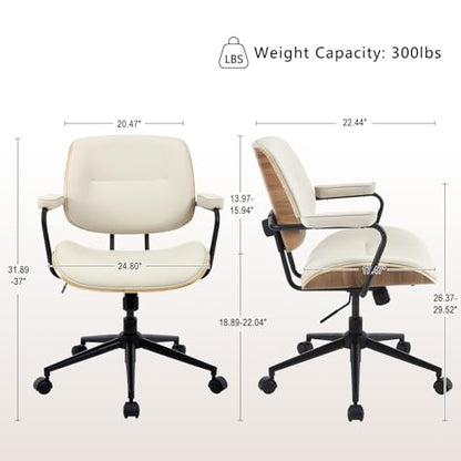 Mid Century Modern Office Chair with Armrest and Adjustable Backrest, Beige | Wooden frame with armrests & adjustable backrest, swivel & height-adjustable, PU leather seat for home office comfort - color: Beige